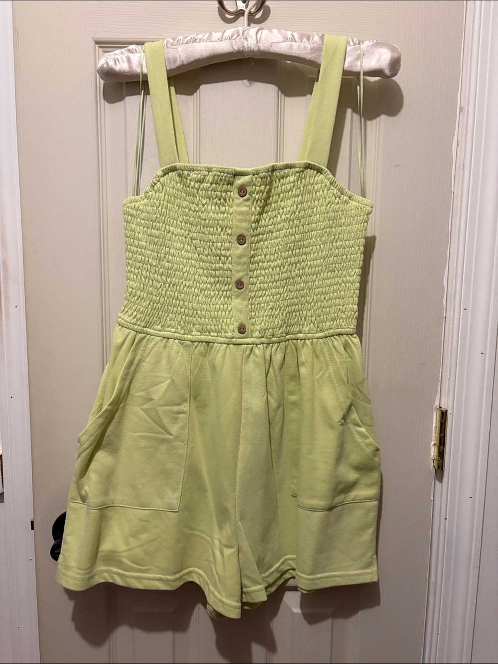 Smocked Lime Green Romper with faux Front Buttons